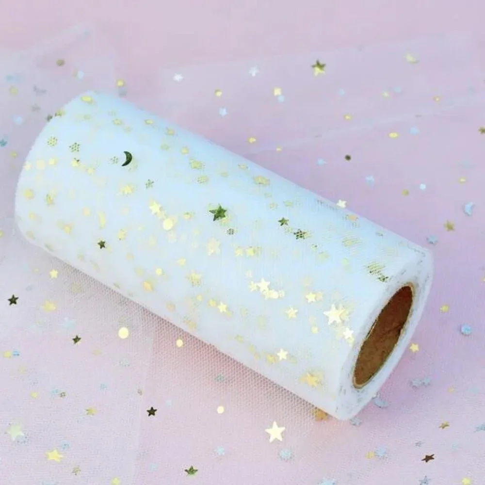 3 Rolls White Mesh Tulle Wide Ribbon with Gold Moons & Stars